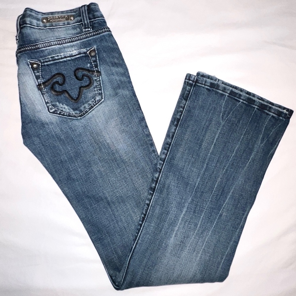 Y2K 2011 REROCK For Express Dark Distressed Low Rise Bootcut Jeans Size 0R - Picture 2 of 10